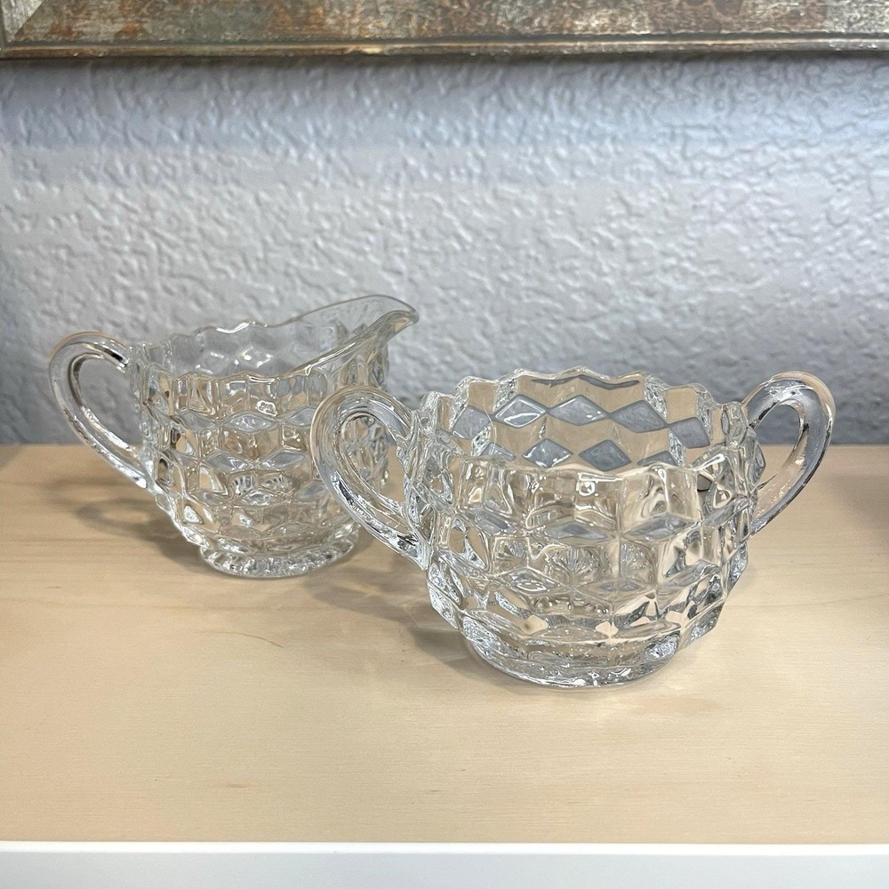 Vintage Fostoria American Pattern Cubist Clear Glass Open Creamer And Sugar Set